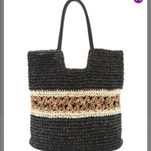 Simple Jumo- Dark brown, tan and cream sparkle straw tote w/bead accents- NWT